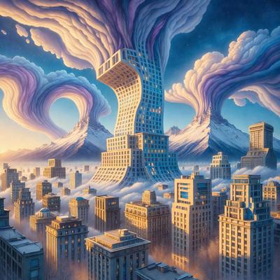 The primary subject of the image is a large, futuristic building with a giant staircase. The building is situated in a cityscape, surrounded by other buildings. The setting is a city environment, with a cloudy sky serving as the backdrop. The visual style of the image is a digital art or illustration, showcasing a creative and imaginative design. The colors and mood of the image are predominantly dark and moody, with the cloudy sky adding to the atmosphere.